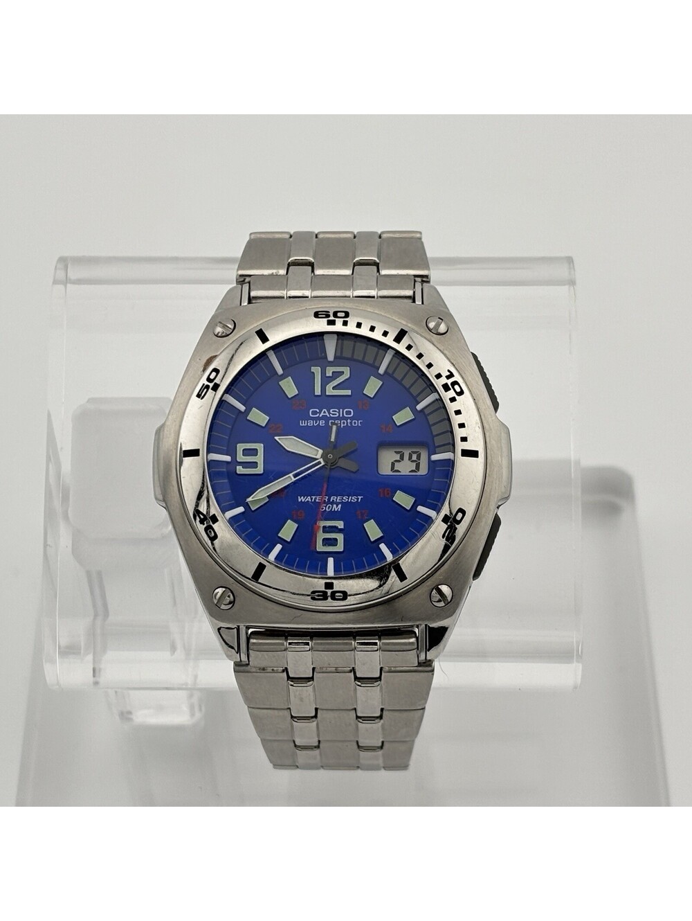 Vintage Casio Wave Ceptor WVQ-200HA Blue Dial Atomic Analog Digital Watch 42mm